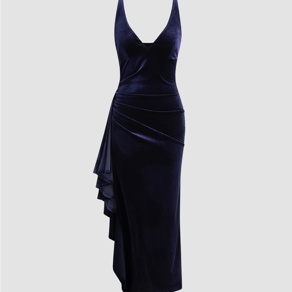 VELVET NAVY INDIGO V-NECK SPLIT RUFFLE HEM MAXI SLEEVELESS V NECK DRESS - Picture 3 of 8